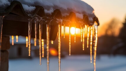 Sunlit Icicles Hanging from Roof in Winter