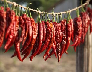 Bunches of dried red chili peppers hanging on a string outdoors in sunlight