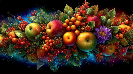 Bright assortment of apples and berries artistically arranged with leaves and a flower. Dark background enhances vivid colors. Concept of harvest decoration, food art, seasonal gatherings