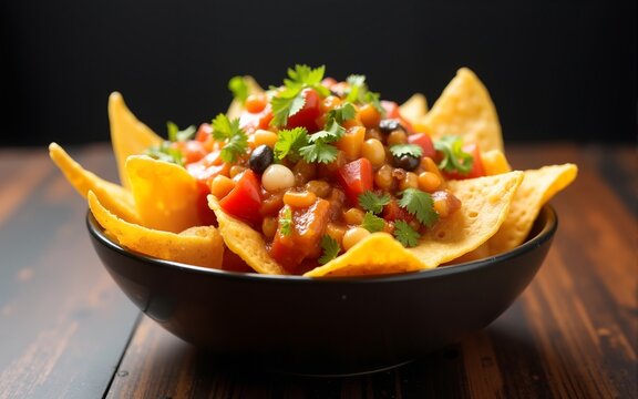 Bowl of nachos on wooden table on dark background. Snack of corn tortilla chips with various additives. Traditional Mexican dish. Ideal for restaurant menu, food blog, cookbook, bar or pub promotions