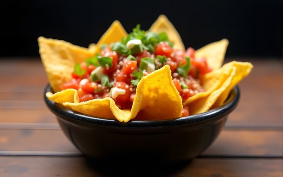 Bowl of nachos on wooden table on dark background. Snack of corn tortilla chips with various additives. Traditional Mexican dish. Ideal for restaurant menu, food blog, cookbook, bar or pub promotions