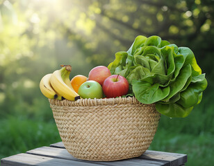 Freshly harvested basket of fruits and vegetables in a sunny garden setting