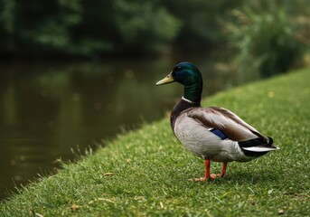 Obraz premium A beautiful wild duck standing calmly on the soft green grass near a water source, enjoying the natural habitat on a bright day, shore, resting, bird
