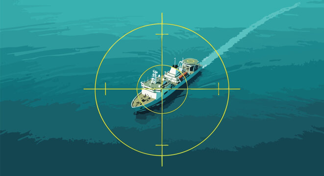 Aerial view of a ship sailing on the deep blue ocean, centered within a tactical target reticle, symbolizing maritime surveillance, tracking, and security operations.