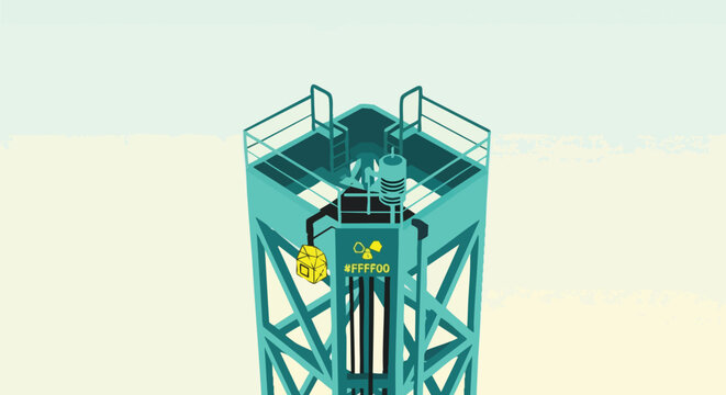 Person climbing a tall industrial tower with a hazardous radiation symbol, illustrating risk, danger, and challenging ascent in a modern, minimalist style.