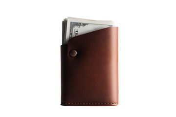 Minimalist brown leather wallet holding credit cards and cash