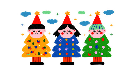 Three cheerful cartoon Christmas trees with smiling children standing side by side, wearing playful party hats. Bright colors and festive decorations create joyful atmosphere