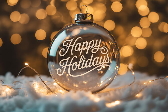 Elegant Happy Holidays ornament with magical bokeh for festive holiday greetings and season's greetings promotions, spreading joy, warmth, and cheer this winter season