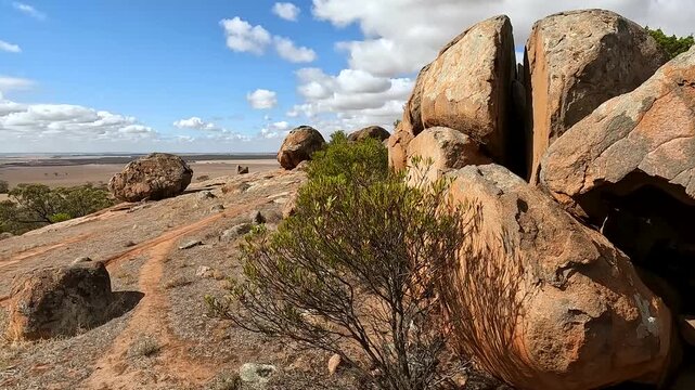 Tcharkuldu Rock, Majestic Granite Outcrop and Famous Natural Landmark Under Blue Sky, Eyre Peninsula, South Australian Outback