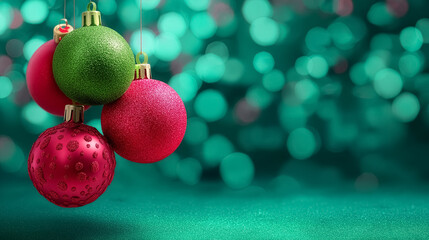 Colorful ornaments hang gracefully against a sparkling green backdrop. Ideal for holiday celebrations, winter festivities, and seasonal marketing. Concept of holiday d&eacute;cor, celebration, joy