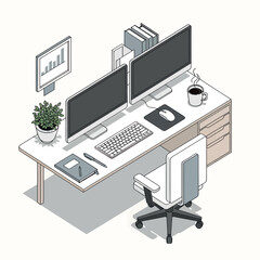 Fototapeta premium desk setup with dual monitors, coffee cup, plant, and office supplies