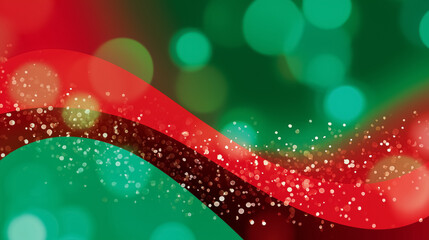 Swirling red and green waves create an energetic festive background filled with sparkling bokeh effects. Ideal for holiday promotions, event marketing, decoration concepts