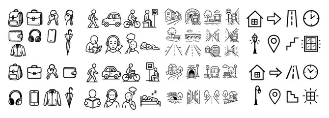 Hand-drawn urban life icons set