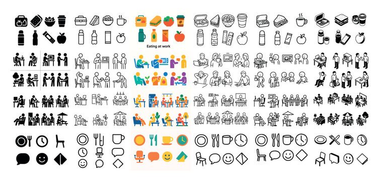Diverse office dining icon set