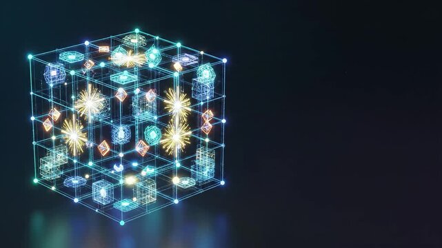 Abstract glowing wireframe cube with interconnected geometric shapes representing data, network, and technology