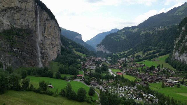 Lauterbrunnen valley with Staubbachfall waterfall aerial view