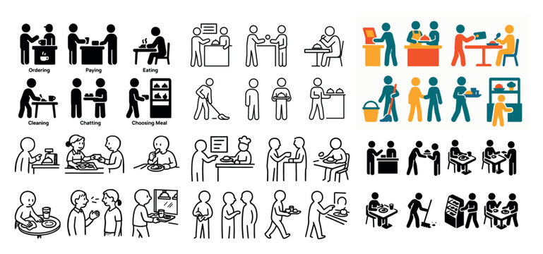 Stick figures dining and interacting