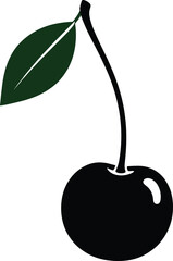 Cherry Silhouette with Green Leaf – Isolated on Transparent Background Black Vector Illustration
