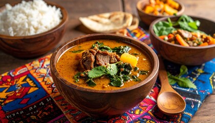 Delicious and colorful meal with various dishes in wooden bowls