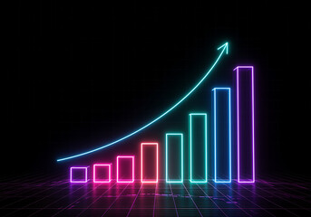 Neon bar graph with upward trending arrow symbolizing financial growth and success