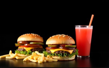 Two burgers, French fries and juice on a black background. Side view, copy space. Fast food. High quality