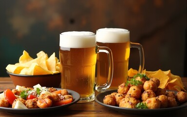 Two mugs of beer surrounded by mexican food and appetizers on wooden table. High quality