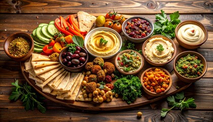 Delicious mediterranean mezze platter with fresh vegetables and dips