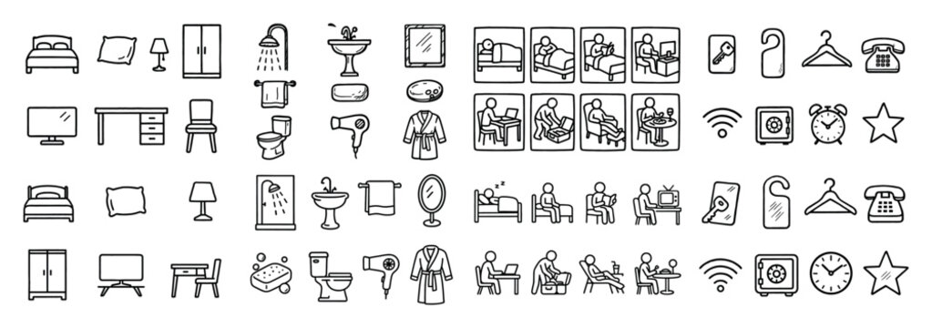 Hotel amenities and activities icons set