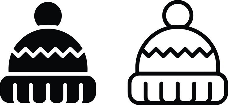 Simple black and white icons of a warm winter hat with a cheerful pompom on top - Powered by Adobe
