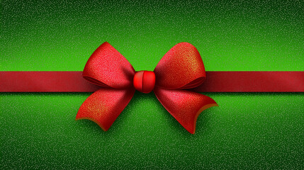 Red ribbon bow placed centrally on green textured background. Vibrant color contrast enhances festive feel. Concept of gift wrapping, holiday marketing, event decoration