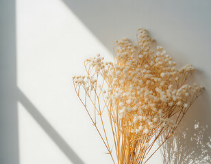 Dried ornamental grass bouquet casting soft shadows on a white wall with natural light