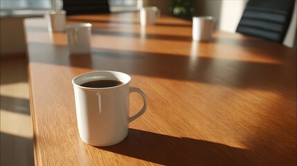 White coffee mug on a polished boardroom table bathed in warm morning sunlight with long shadows