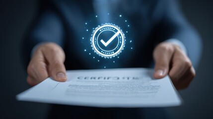 Businessman presenting certificate with digital approval stamp