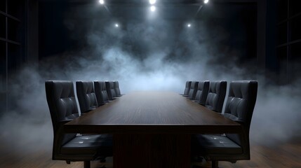 An atmospheric and mysterious boardroom with a long conference table surrounded by executive chairs engulfed in swirling smoke and dramatic lighting