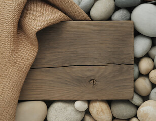 Rustic wooden plank resting on smooth river stones with textured fabric overlay
