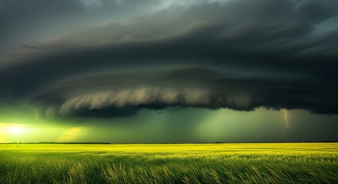 A dramatic supercell thunderstorm with a menacing wall cloud looms over a vast, sunlit grassy field.