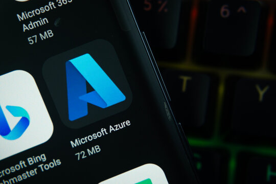 Dhaka, Bangladesh- 27 July 2025: Close-up of smartphone screen showing the Microsoft Azure app icon with a dark interface.