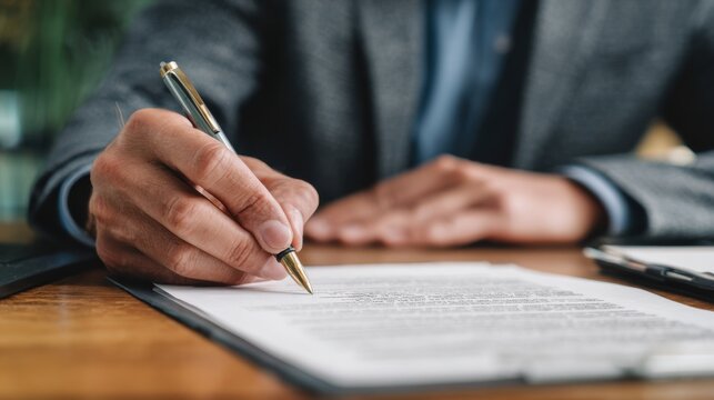 Businessman signing important document with pen
