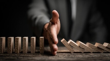 Businessman stopping domino effect with hand