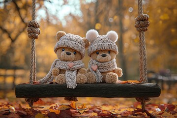 Adorable Teddy Bears on Autumn Swing in Cozy Knitted Outfits with Heart Pendants Surrounded by Vibrant Fall Leaves and Trees