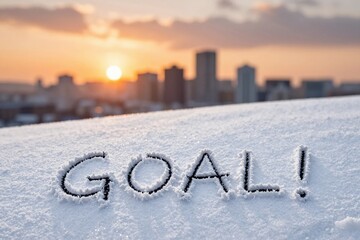 The word GOAL is written in fresh white snow. A vibrant orange sunset illuminates a distant city skyline. This symbolizes setting aspirations and achieving success.