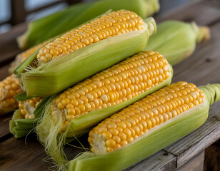 Freshly harvested sweet corn ears with green husks on a rustic wooden surface
