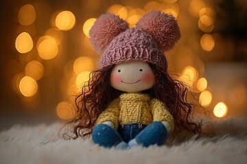 Adorable Curly-Haired Doll in Pink Pom-Pom Hat and Yellow Sweater Sitting on Fluffy Surface with Warm Lights and Cozy Holiday Vibes