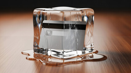 Realistic 3D rendering of a credit card inside a melting ice cube, symbolizing frozen assets or financial security