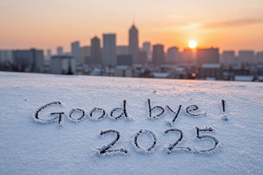 Good bye 2025" message written in fresh snow. City skyline with a bright sunrise or sunset in the background. Reflecting on the past year and looking forward to the future.
