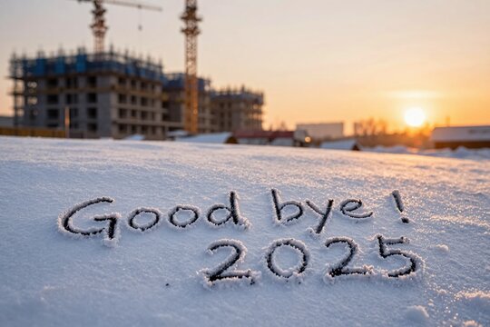 Good bye 2025 written in the snow on a rooftop with a construction site sunset background, new year concept