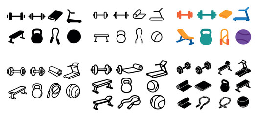Fitness equipment icons variety set