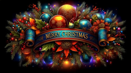 Elegant arrangement of colorful Christmas ornaments, ribbons, and seasonal foliage celebrating the holiday season. Rich colors enhance the joyful atmosphere