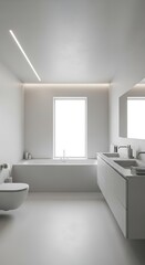 Serene minimalist white bathroom interior with clean lines and natural light.