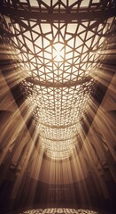 Interior view looking up at a complex geometric ceiling structure with sunlight streaming through, creating dramatic light rays and shadows.